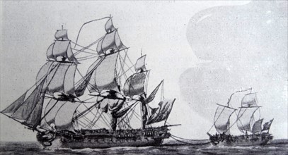 18th century Spanish warship with smaller vessel in tow 1790