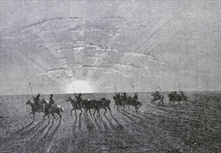 Painting depicting the sun setting in the Mongolian Desert
