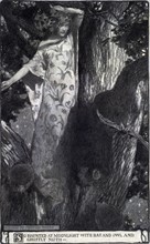 A young dryad balanced in treetop branches among a bat