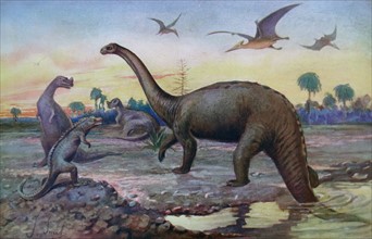 Painting depicting gigantic reptiles during the Saurian Age