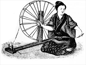 Woodcut drawing of a Japanese peasant woman reeling silk