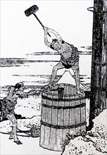 Japanese woodcut depicting coopers making a large barrel