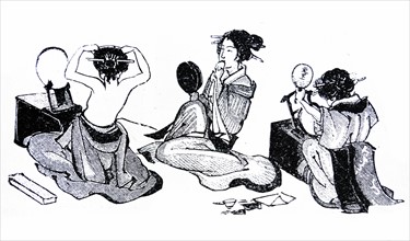Illustration of Japanese ladies at their toilet, using burnished metal mirrors