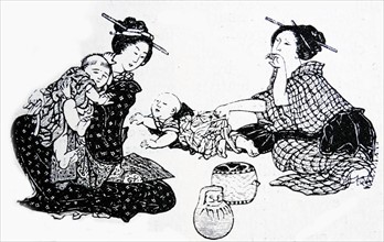 Illustration of a Japanese lady and her servant