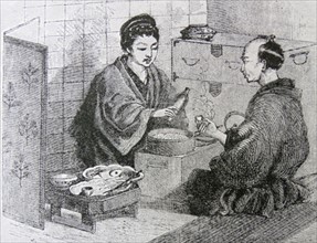 Illustration of a evening meal of a Japanese middle class family