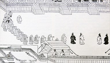 Illustration depicting the ceremony of worshiping the imperial ancestors in Japan
