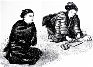 Illustration depicting Japanese women preparing cotton for spinning
