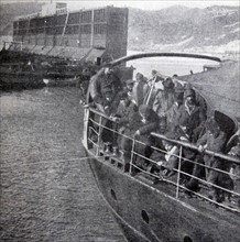 Passengers aboard a ferry on Lake Baikal in Russia 1900