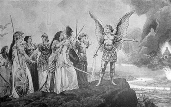 German illustration showing the archangel Michael urging the nations of Europe to challenge China
