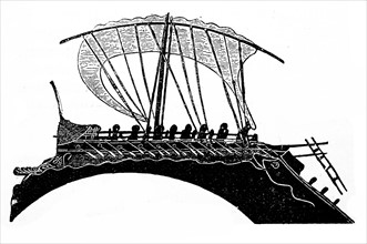 Greek Bireme ship repelling an attacking enemy ship 5th century BC