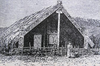 Traditional Maori house with carved frame