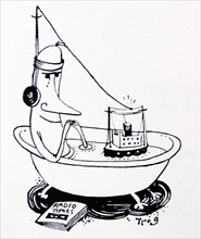 Cartoon of a man in a bath with a floating radio
