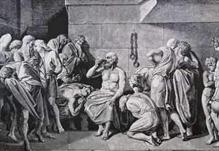 Illustration depicting the death of Socrates, a classical Greek philosopher credited as one of the founders of Western philosophy