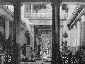 Illustration depicting the interior court of a Greek house with a statue of the Goddess Hestia
