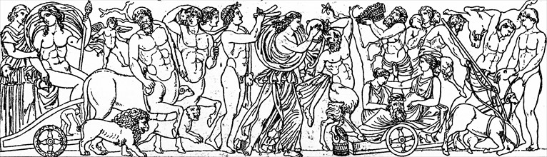 Illustration of a Greek sculpture depicting the worship of Dionysus