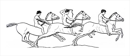 Drawing depicting nude men riding horses in ancient Rome