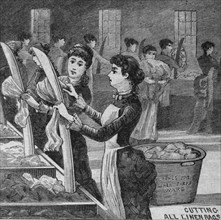 Engraving depicting women working in a linen factory