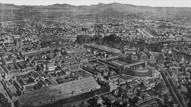 Engraving depicting a General view of Rome during the time of Aurelian