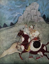 Maharaja Kesari Singh on horseback overcoming a lioness.
