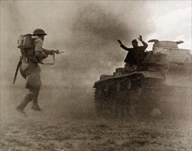 Italian tank commander surrenders to British soldier in Libya North Africa World War two 1942