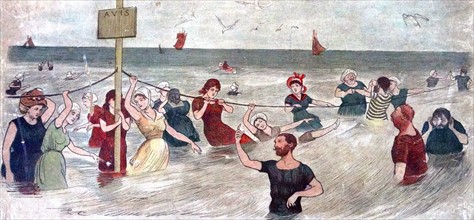 Illustration of French bathers in the sea off the coast in the South of France.