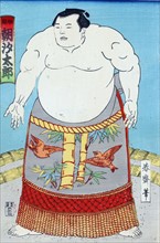 Colour woodcut of a print of The Sumo wrestler Asashio Taro.