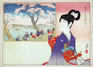 Print of a young girl holding a doll remembers the revelry during a festival beneath blossoming cherry trees on the banks of a river.