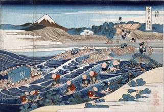 Colour woodcut print of Fuji at Kanaya