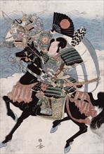 The warriors Kumagai Naozane and Tairo no Atsumori on horseback.