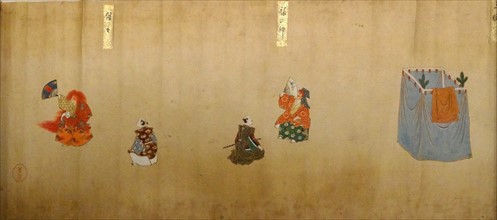 handpainted scroll circa 1700. Depicts classical Japanese No Theatre