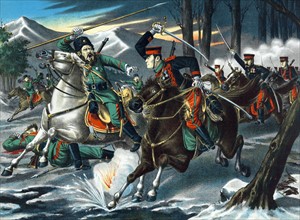 Japanese and Russian cavalry troops on horseback fighting each other.