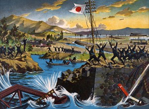 Japanese soldiers destroying an iron bridge at Pu-Lan