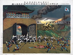 Japanese troops bursting through a gate and engaging the Boxer forces at Tianjin