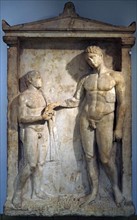 Marble grave stele or monument for a dead youth