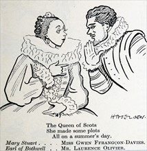 Cartoon depicting a scene from Gordon Daviot's play 'Queen of Scots' at the New Theatre London