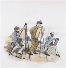 Coloured illustration of three men painting in the countryside