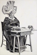 Print of a woman wearing a Norman Head-Dress