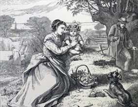 Engraving of mother with her infant child and dog in the countryside