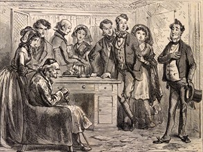 Wood engraving of an upper class family in the office of the elder