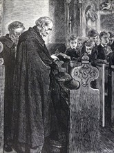 Engraving of a priest preaching to a choir
