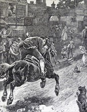 A 18th century messenger racing by horseback through a street