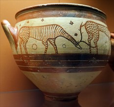 Pottery krater decorated with two stags