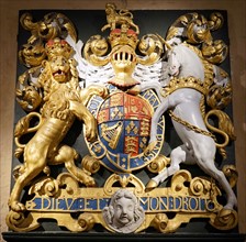 Carved and painted wooden coats of arms of the Stuart Kings