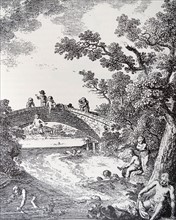 Engraving depicting groups of young men and children swimming in a stream