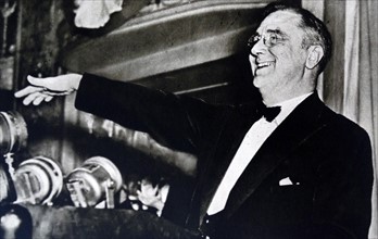 President Franklin D Roosevelt addressing an audience circa 1936