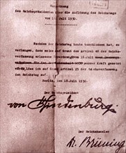Decree signed by Hindenburg and Brüning calling for the dissolution of parliament
