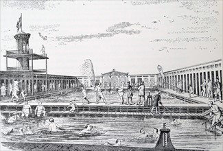 Engravings depicting scenes from Stockholm's swimming and siminrättning
