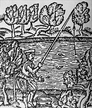 Woodblock print depicting a fisherman by a river