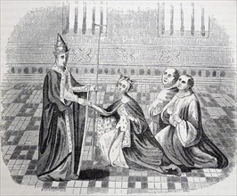 Engraving of Queen of Naples with pope Clement VII