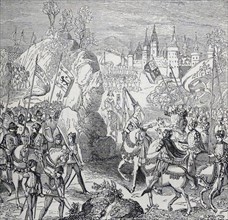 Engraving depicting Queen Philippa before the Battle of Neville's Cross